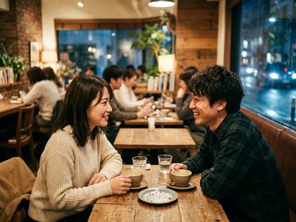 カフェで笑顔で会話を楽しむ男女。