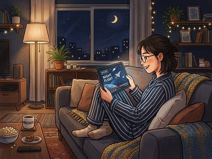 夜、温かい部屋でソファに座り、タブレットで動画を楽しむパジャマの女性。