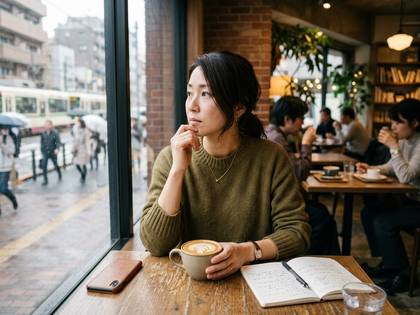 カフェの窓際で、コーヒーを片手に雨の街を眺める女性。