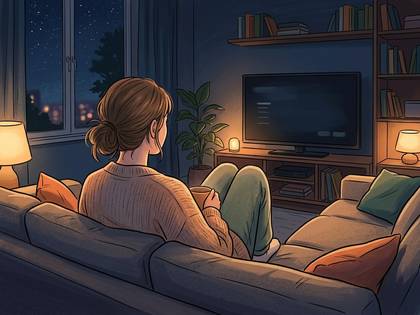 夜、ソファで温かい飲み物を片手にテレビを見ながらくつろぐ女性。