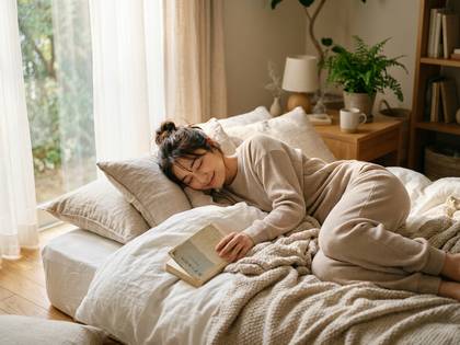 ベッドで読書中にうたた寝する女性。