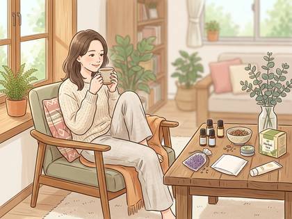 暖かい部屋でソファに座りハーブティーを飲む女性。植物とアロマで癒しの時間。
