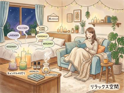 リラックス空間で、アロマとキャンドルを楽しむ女性の読書風景。