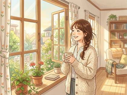 窓辺でカップを持つ笑顔の女性。植物と明るい日差しが心地よい。