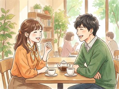 カフェで笑顔で談笑する男女。テーブルにはコーヒーやティーポットがあり、明るい雰囲気。