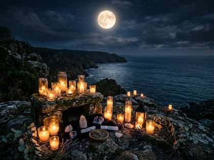 満月の夜、海岸の岩場に置かれたろうそくの神秘的な光景。