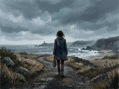 曇り空の海岸道を歩く女性の後ろ姿。遠くに灯台。