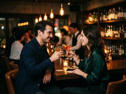 バーカウンターで笑顔で向かい合い、ドリンクを飲みながら会話を楽しむ男女。