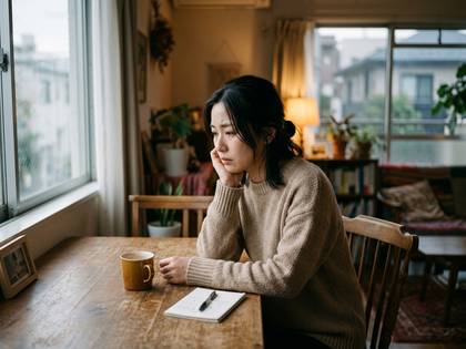窓際で肘をつき、物思いにふける女性。
