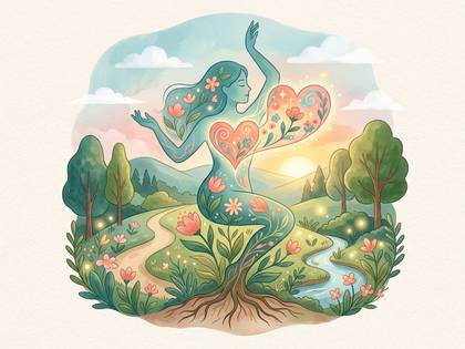自然と一体化した女性のイラスト。体から花が咲き、根が張っている。癒しと生命の循環を表現した水彩画。