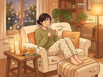夜、温かい部屋でハーブティーを飲む女性。キャンドルや観葉植物が癒しの空間を演出。