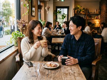 カフェで笑顔でコーヒーを楽しむ男女。