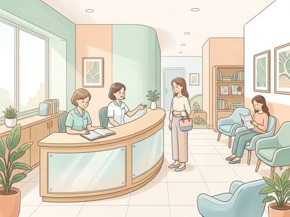 病院の受付と待合室。スタッフが患者を案内し、女性が読書中。