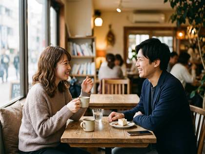 カフェで向かい合い、笑顔で会話を楽しむ男女。