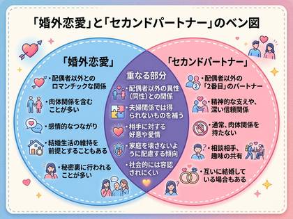 婚外恋愛とセカンドパートナーを比較したベン図。それぞれの特徴と共通点を示す。