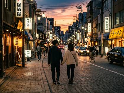 提灯が灯る夕焼けの日本の街並みを、手をつなぎ歩くカップル。