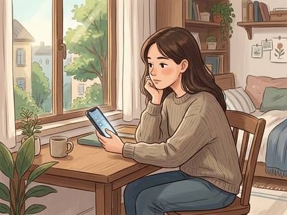 窓辺でスマートフォンを手に物思いにふける女性のイラスト。