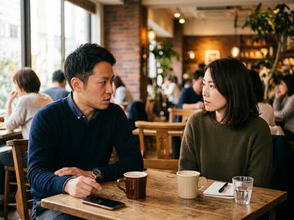 カフェのテーブル席に座る男女。