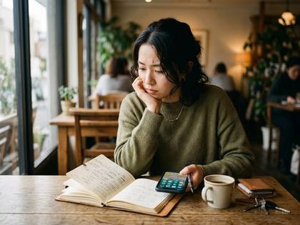 カフェでノートとスマホを前に頬杖をつき、考え込んでいる女性。