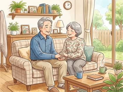 リビングのソファで笑顔の高齢夫婦が手をつなぎ寄り添う。