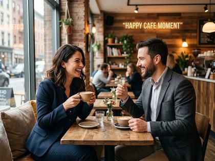カフェで楽しそうにデートしている社会人カップル
