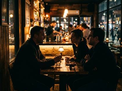 薄暗いバーで、飲み物を片手に会話を楽しむ人々。