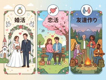 婚活、恋活、友達作り。それぞれのテーマを描いた3つのイラスト。