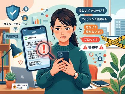 怪しいSMSに警戒する女性。フィッシング詐欺とサイバーセキュリティの注意。