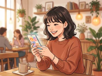 カフェで笑顔でスマートフォンを操作する若い女性。