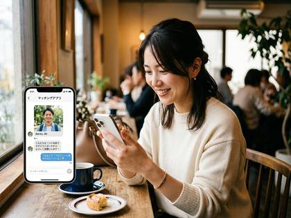 カフェでスマートフォンを操作し、マッチングアプリを楽しむ女性の笑顔。