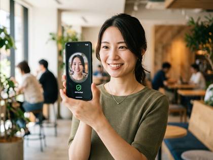 顔認証成功のスマホ画面を見せる笑顔の女性。