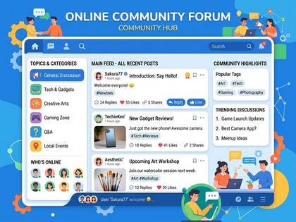 オンラインコミュニティフォーラムのウェブサイト画面。カテゴリ、投稿、トレンドなどを表示。