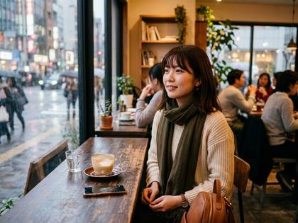 カフェの窓際で微笑むアジア人女性とコーヒー。窓の外は雨の街。