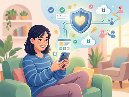 スマホで個人情報やセキュリティを管理する女性。