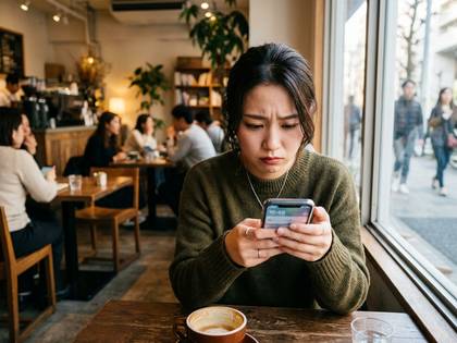カフェの窓際で、深刻な表情でスマホを見る若い女性。