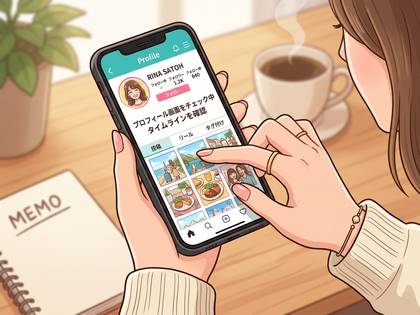 コーヒーを飲みながらスマートフォンでSNSを操作する女性。