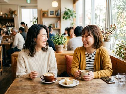 カフェで笑顔で会話を楽しむ2人の女性。