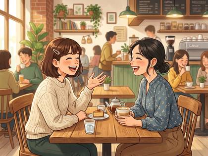 楽しそうに会話する2人の女性と、賑わうカフェの店内。