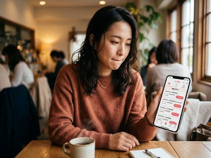 カフェでスマホアプリ画面を見る女性