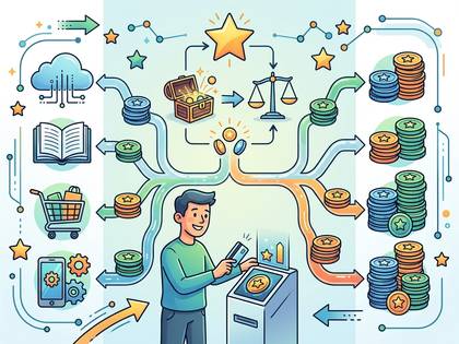 男がカードを使い、星のコインが様々な報酬へ流れるイラスト。