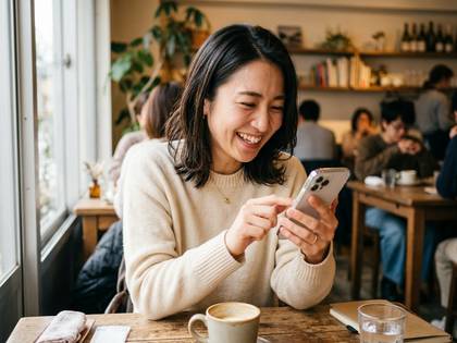 カフェで笑いながらスマホを操作する女性。