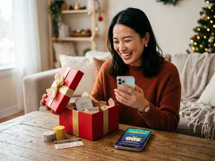 クリスマスに笑顔の女性がスマホとギフトボックスでプレゼントを楽しむ。