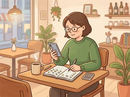 カフェでスマホを見ながら手帳に書き込む眼鏡の女性。 (34文字)