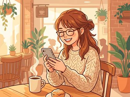 カフェでくつろぐ笑顔の女性。スマホを操作し、コーヒーとスイーツを楽しむ。