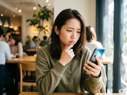 カフェでスマートフォンを見ながら考え込む女性。