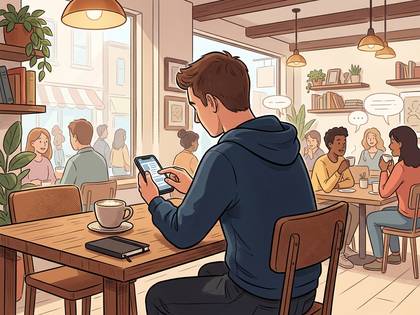 カフェでスマートフォンを操作する男性。店内には談笑する人々、窓の外は街並み。