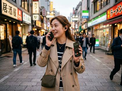 日本の街でワイヤレスイヤホンを使い笑顔で通話する女性。