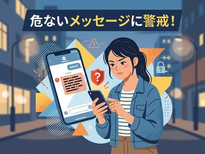 スマートフォンで危険なメッセージを警戒している女性のイラスト