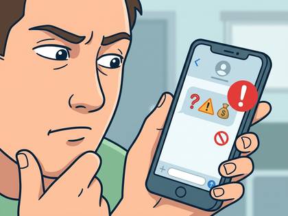 男性がスマートフォンで不審なメッセージを訝しげに見ている。