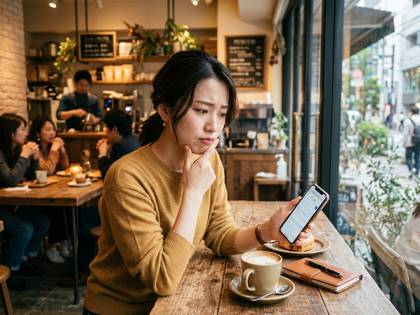カフェでスマホを見て、考え込んでいる様子の女性。
